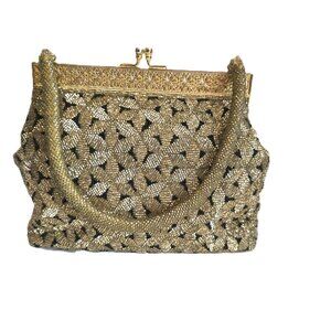 Vintage Hand Beaded Gold and Black Evening Retro Handbag with Handles - 1930s